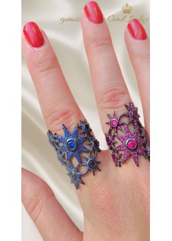 Safir ve Yakut Taşlı Yıldız Motif Gümüş Yüzük Serisi