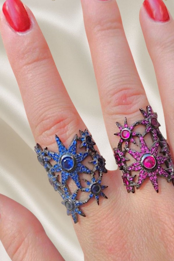 Safir ve Yakut Taşlı Yıldız Motif Gümüş Yüzük Serisi