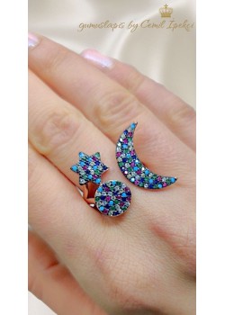 Renkli Taşlarla Süslü Ay Yıldız Motif Gümüş Yüzük