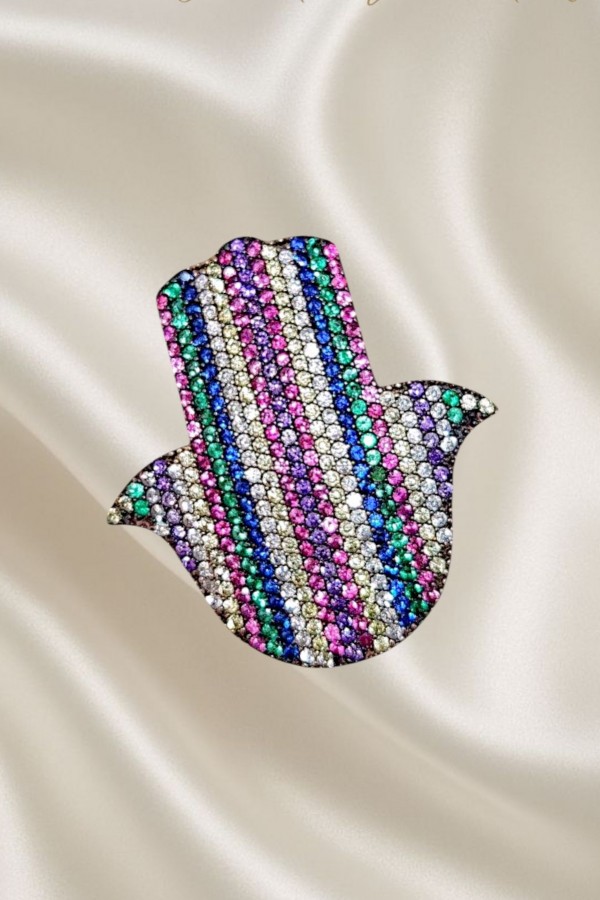 Renkli Doğal Taşlı Fatıma Ana Motif Gümüş Yüzük