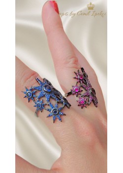 Safir ve Yakut Taşlı Yıldız Motif Gümüş Yüzük Serisi