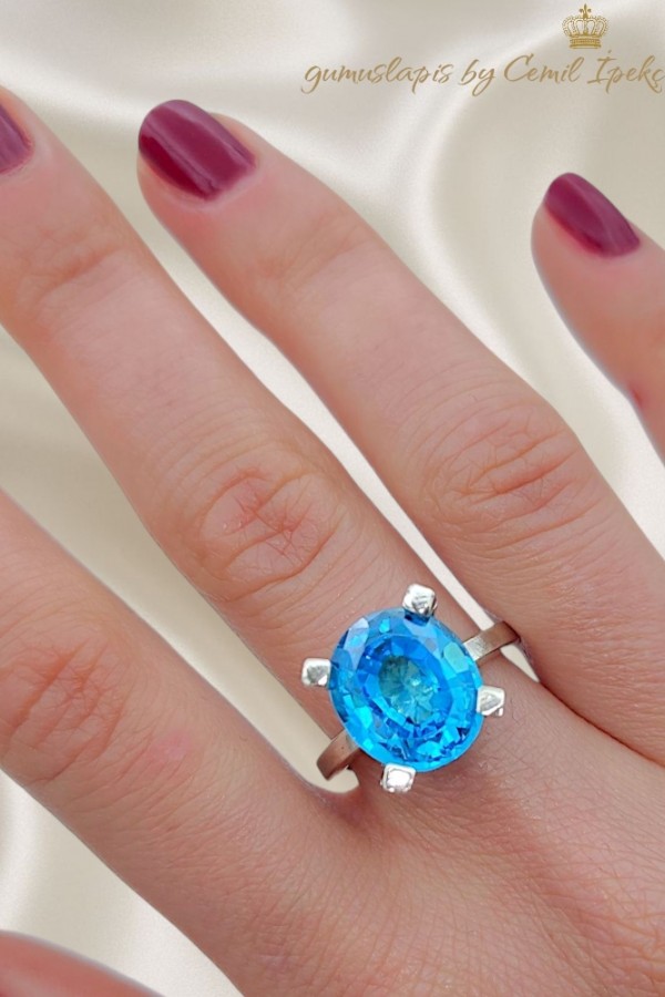 Lab Topaz Taşlı Yüksek Motif Gümüş Yüzük