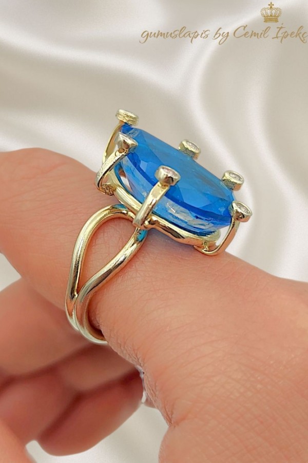Mavi Lab Topaz Taşlı Damla Motif Gümüş Yüzük