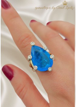 Mavi Lab Topaz Taşlı Damla Motif Gümüş Yüzük