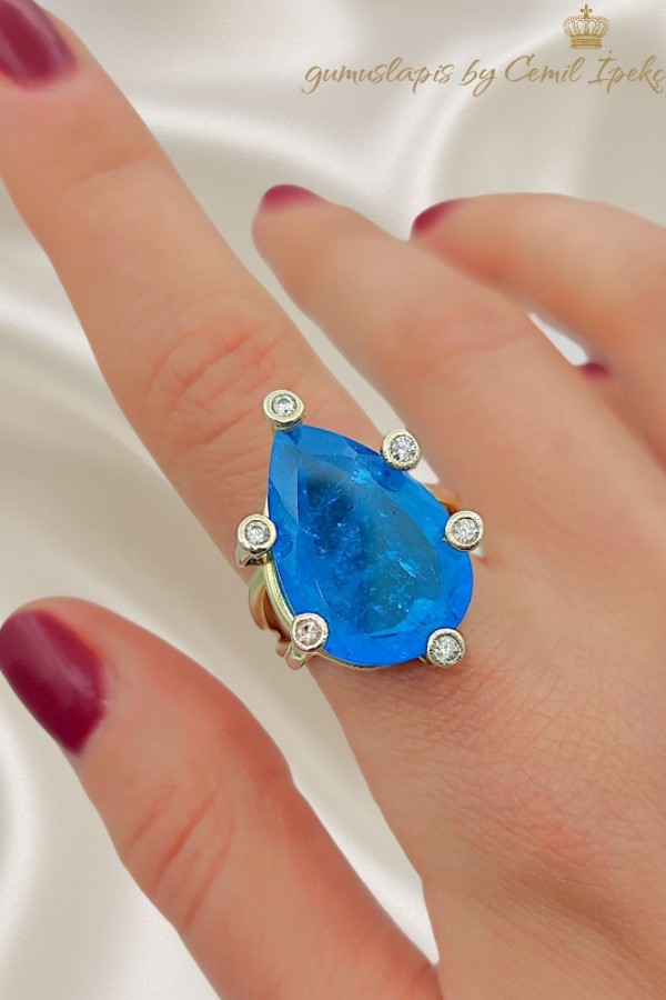 Mavi Lab Topaz Taşlı Damla Motif Gümüş Yüzük