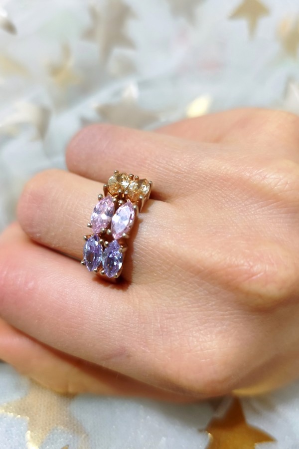 Morganit, Ametist ve Lab Topaz Taşlı Gümüş Yüzük