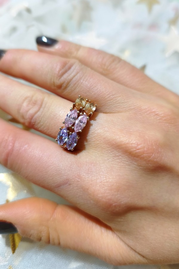 Morganit, Ametist ve Lab Topaz Taşlı Gümüş Yüzük