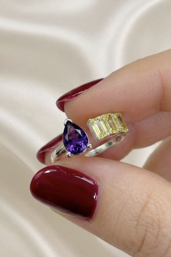 Ametist ve Lab Topaz Taşlı Gümüş Yüzük