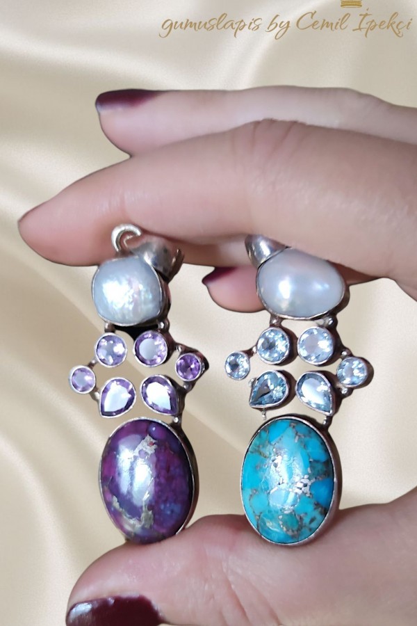 Mor ve Mavi Turkuaz Taşlı İncili Gümüş Kolye Ucu Serisi