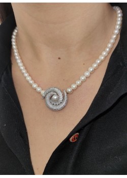 Gümüş Uçlu Yuvarlak Motif İncili Dizi Kolye 