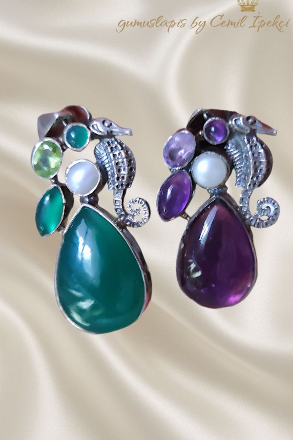 Yeşil Akik ve Ametist Taşlı Denizatı Motif Gümüş Kolye Ucu Serisi