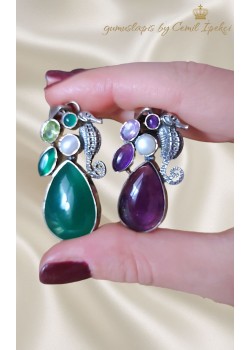 Yeşil Akik ve Ametist Taşlı Denizatı Motif Gümüş Kolye Ucu Serisi