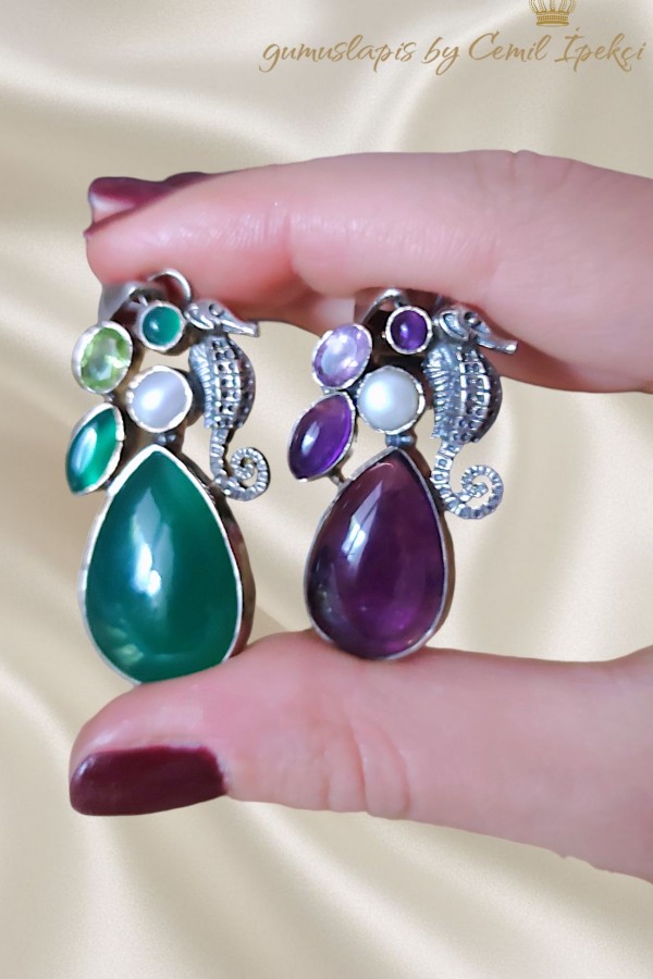 Yeşil Akik ve Ametist Taşlı Denizatı Motif Gümüş Kolye Ucu Serisi