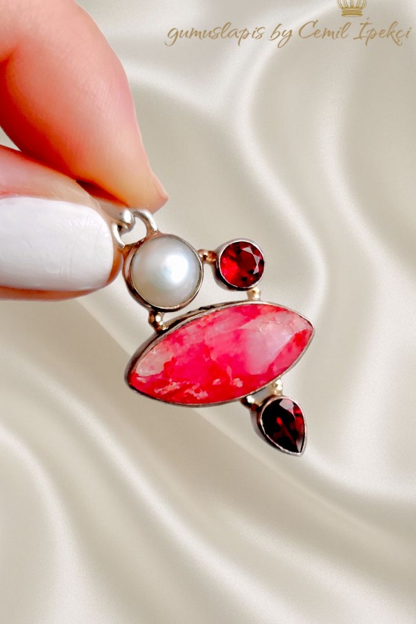 Yakut Lal ve İncili Gümüş Kolye Ucu