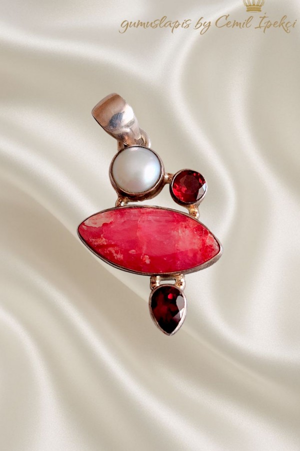 Yakut Lal ve İncili Gümüş Kolye Ucu