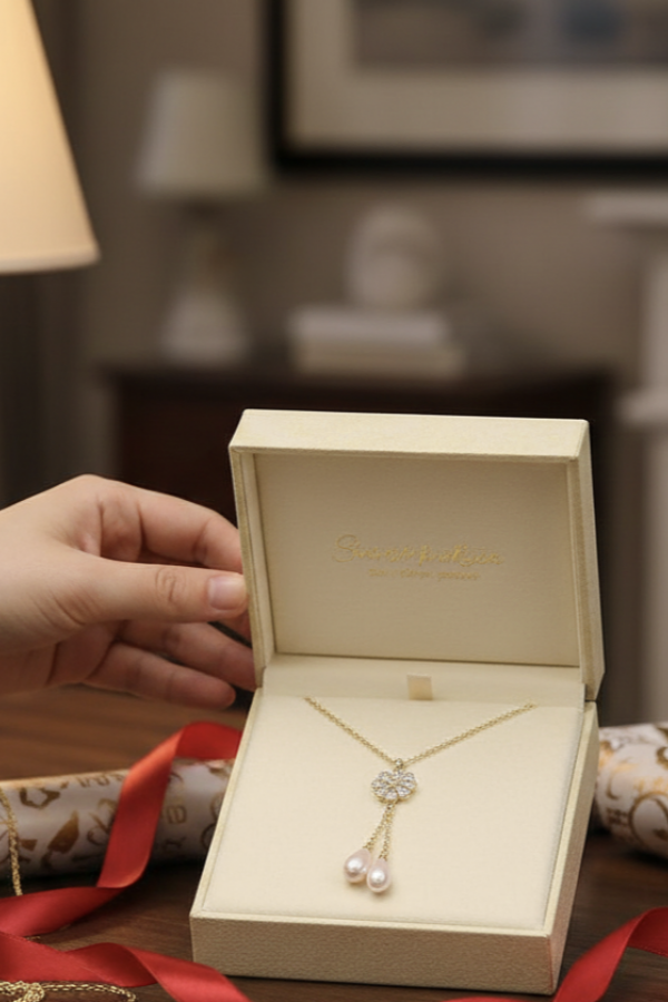 Sallantılı İki İnci Taşlı Çiçek Motif Gümüş Kolye