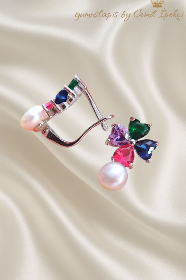 İnci ve Renkli Taşlarla Süslü Gümüş Küpe Çifti 