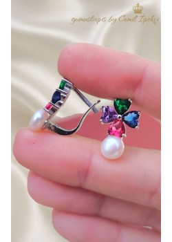 İnci ve Renkli Taşlarla Süslü Gümüş Küpe Çifti 