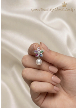 İnci ve Renkli Taşlarla Süslü Küçük Çiçek Motif Gümüş Küpe