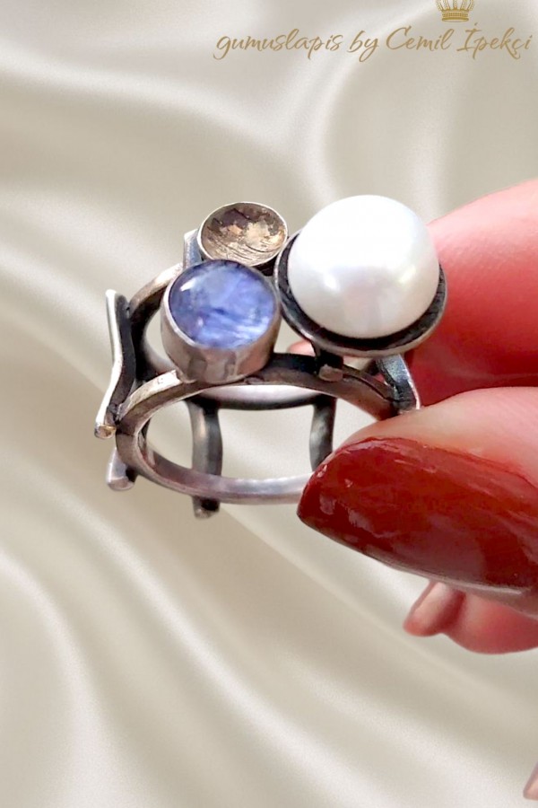 İnci ve Kyanit Taşlı Gümüş Yüzük 