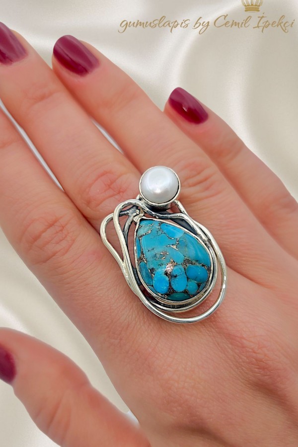 Turkuaz ve İnci Taşlı Gümüş Oval Yüzük