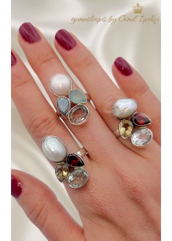 Doğal taşlarla süslü incili gümüş yüzük serisi