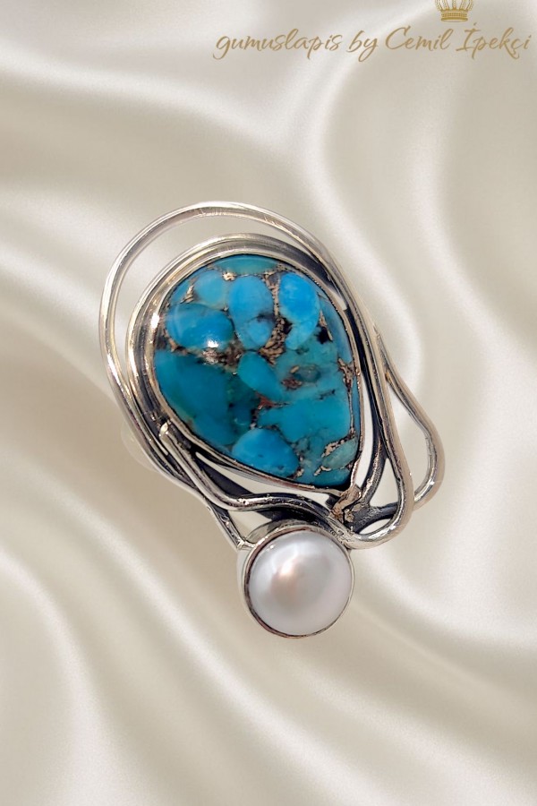 Turkuaz ve İnci Taşlı Gümüş Oval Yüzük