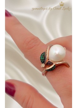 İnci ve Renkli Taşlarla Süslü Yaprak Motif Gümüş Yüzük