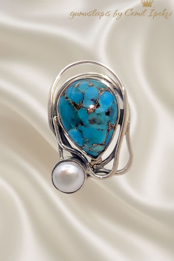 Turkuaz ve İnci Taşlı Gümüş Oval Yüzük