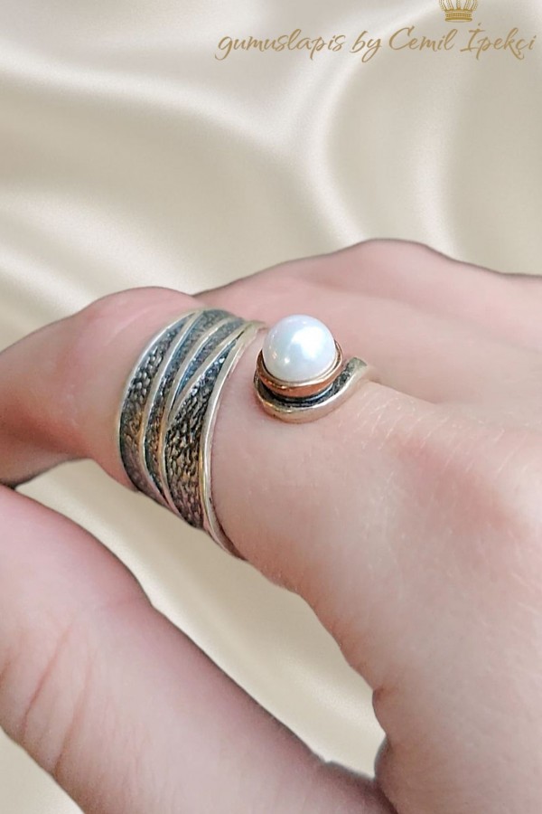 İncili Üstü Açık Gümüş Yüzük 
