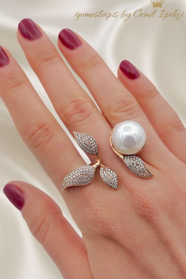 İnci Taşlı Yaprak Motif Büyük Gümüş Yüzük