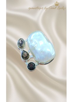 Dumanlı Kuvars ve İnci Taşlı Gümüş Yüzük 