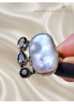 Dumanlı Kuvars ve İnci Taşlı Gümüş Yüzük 