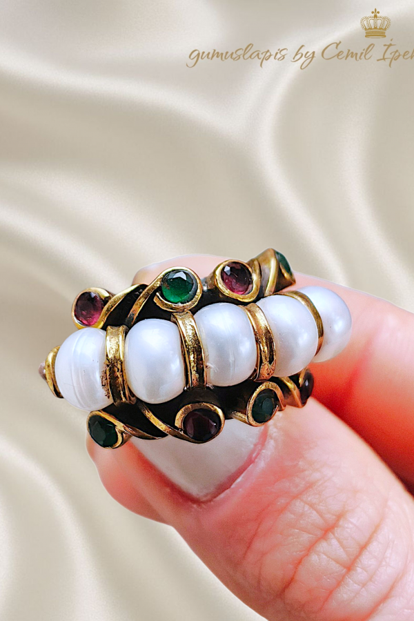 İnci Yakut ve Zümrüt Taşlı Gümüş Yüzük