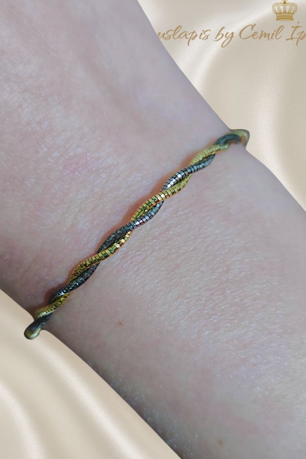 Sarı Siyah İkili Sarmal İtalyan Gümüş Bileklik 