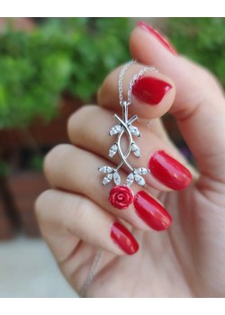 Mercan taşlı gül motif gümüş kolye