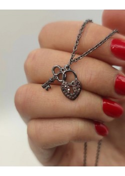 Dumanlı kuvars taşlı anahtar kilit motif gümüş kolye